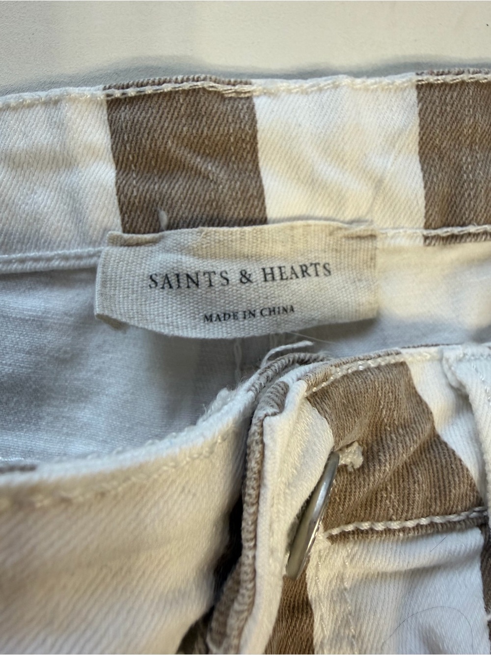 Saints & Hearts Women’s Sz M Long Brown White Striped Bell Bottom Pants Jeans - Picture 2 of 5